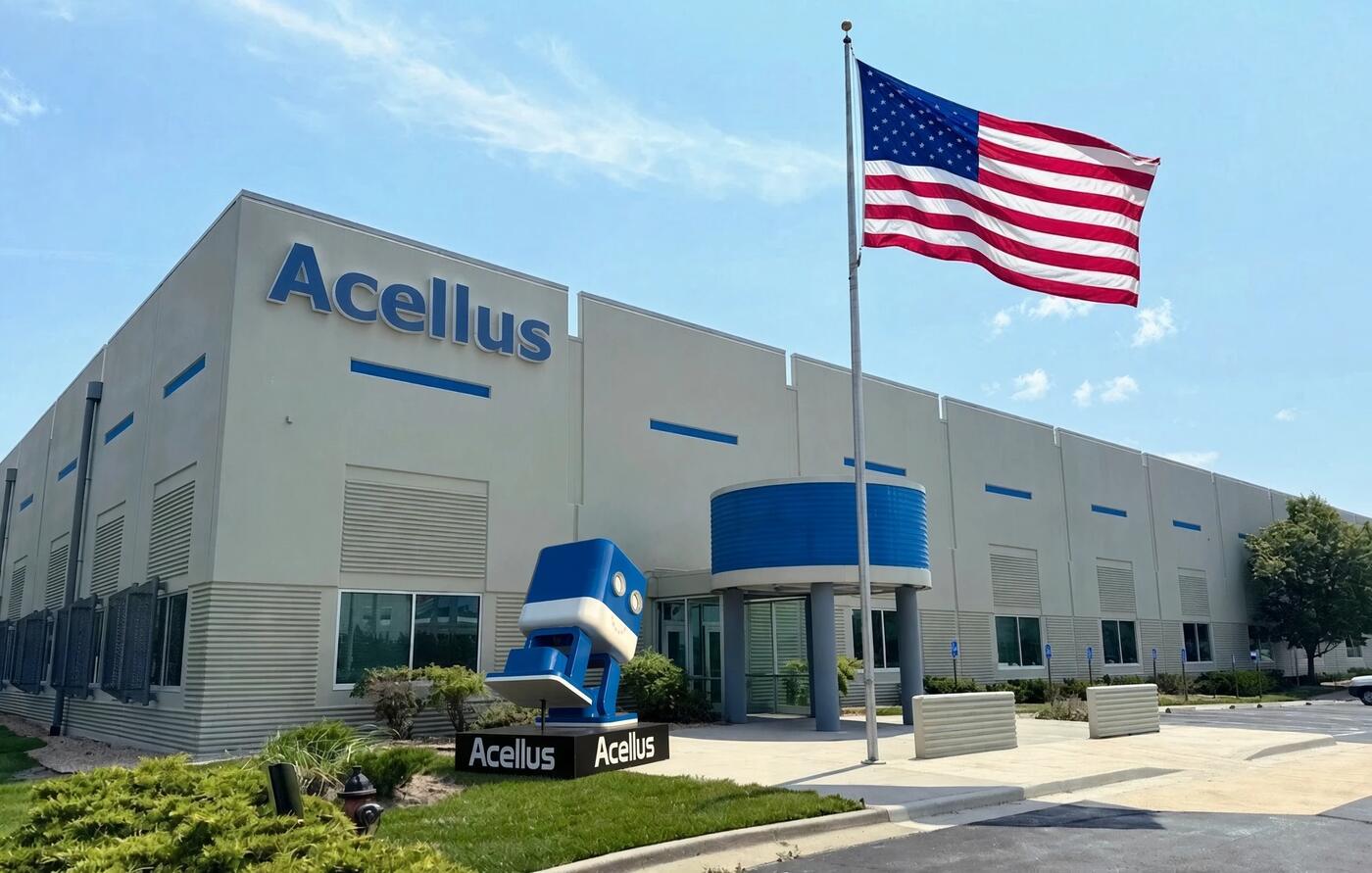 Exterior of the Acellus Conference Center in Kansas City, Missouri, with the Acellus robot at the entrance